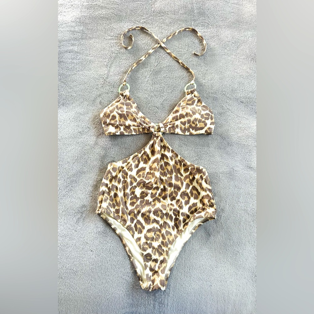 Aerie One Piece Brown Beige Leopard Animal Print Halter Tied Swimsuit Size S